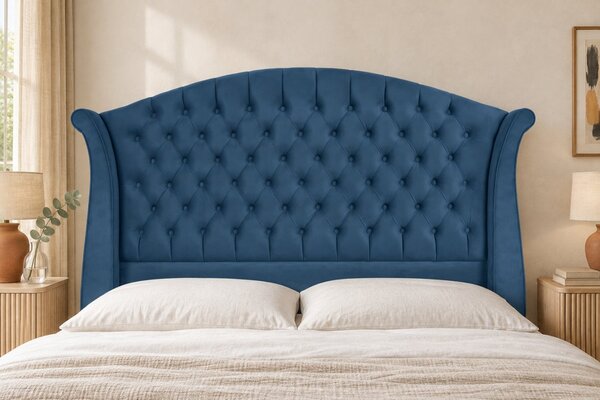Pat tapițat Chesterfield din catifea Sorella Simple 140×200 cm, albastru, cu ladă de depozitare