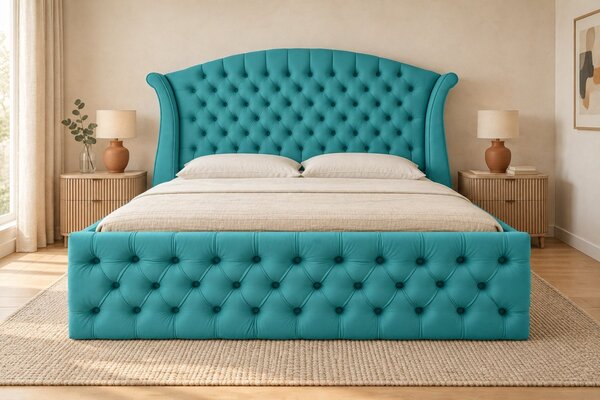 Pat tapițat Chesterfield din catifea Sorella Simple 140×200 cm, albastru deschis, cu ladă de depozitare