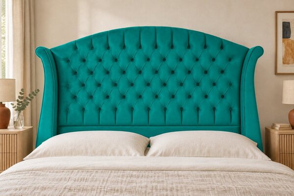 Pat tapițat Chesterfield din catifea Sorella Simple 140×200 cm, turcoaz, cu ladă de depozitare