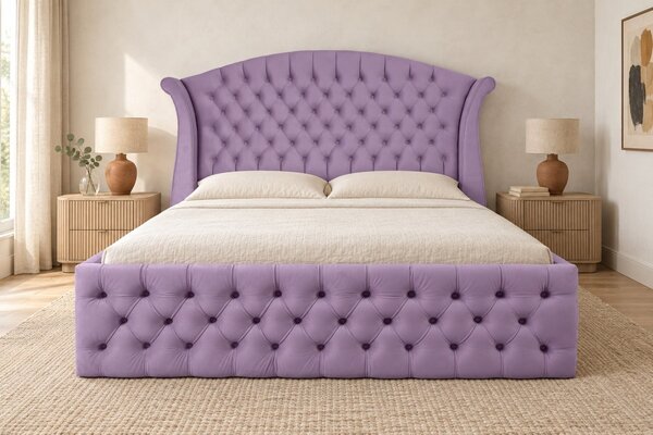 Pat tapițat Chesterfield din catifea Sorella Simple 140×200 cm, lila, cu ladă de depozitare