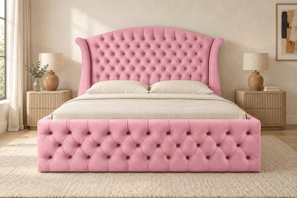 Pat tapițat Chesterfield din catifea Sorella Simple 140×200 cm, roz, cu ladă de depozitare