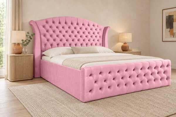 Pat tapițat Chesterfield din catifea Sorella Simple 140×200 cm, roz, cu ladă de depozitare
