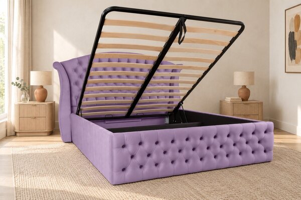 Pat tapițat Chesterfield din catifea Sorella Simple 140×200 cm, lila, cu ladă de depozitare