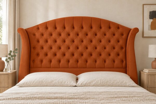 Pat tapițat Chesterfield din catifea Sorella Simple 140×200 cm, cărămiziu, cu ladă de depozitare