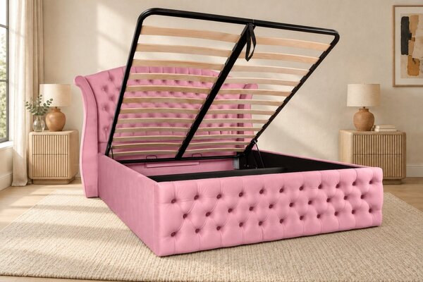 Pat tapițat Chesterfield din catifea Sorella Simple 140×200 cm, roz, cu ladă de depozitare