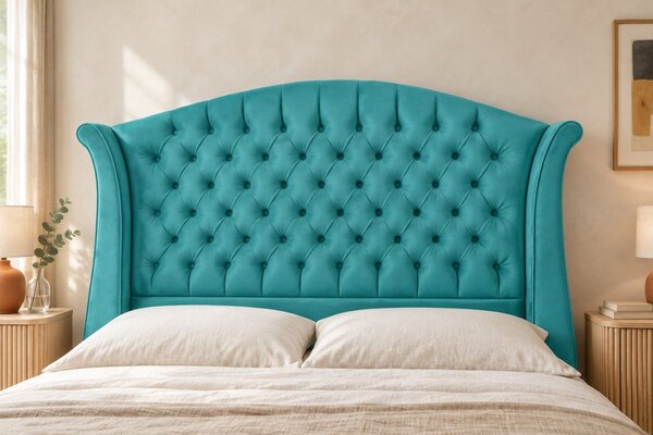 Pat tapițat Chesterfield din catifea Sorella Simple 140×200 cm, albastru deschis, cu ladă de depozitare