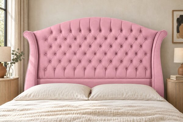 Pat tapițat Chesterfield din catifea Sorella Simple 140×200 cm, roz, cu ladă de depozitare