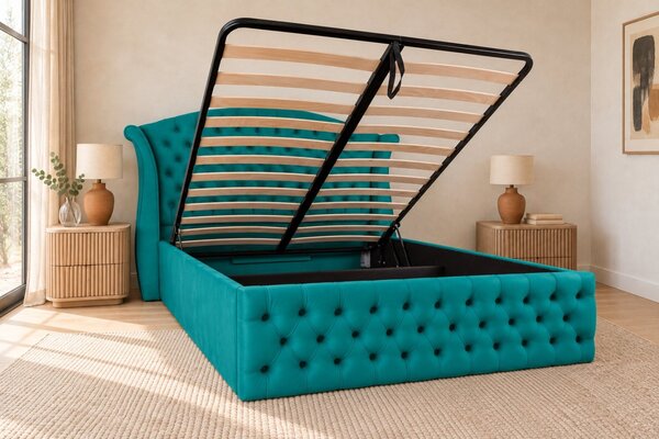 Pat tapițat Chesterfield din catifea Sorella Simple 140×200 cm, turcoaz, cu ladă de depozitare
