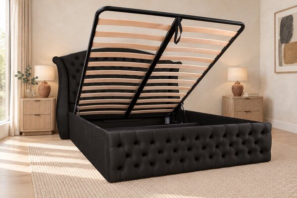Pat tapițat Chesterfield din catifea Sorella Simple 140×200 cm, negru, cu ladă de depozitare