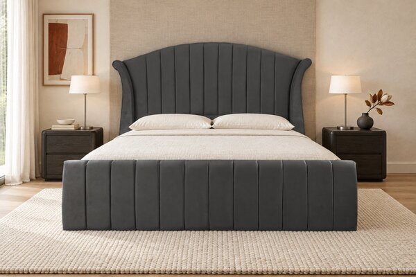 Pat tapițat din catifea Sorella Simple Line 140×200 cm, gri închis, cu ladă de depozitare