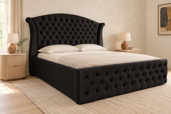 Pat tapițat Chesterfield din catifea Sorella Simple 140×200 cm, negru, cu ladă de depozitare
