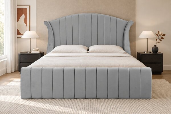 Pat tapițat din catifea Sorella Simple Line 140×200 cm, gri deschis, cu ladă de depozitare