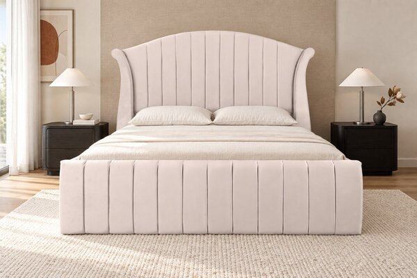 Pat tapițat din catifea Sorella Simple Line 140×200 cm, crem, cu ladă de depozitare