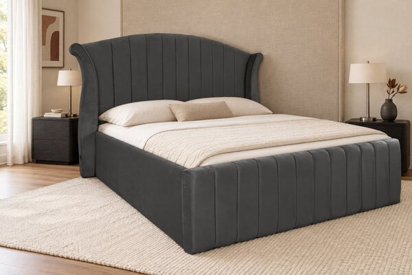 Pat tapițat din catifea Sorella Simple Line 140×200 cm, gri închis, cu ladă de depozitare