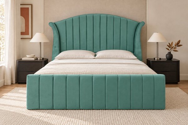 Pat tapițat din catifea Sorella Simple Line 140×200 cm, verde marin, cu ladă de depozitare