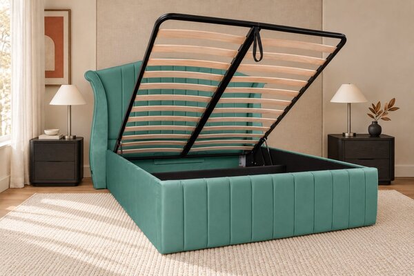 Pat tapițat din catifea Sorella Simple Line 140×200 cm, verde marin, cu ladă de depozitare