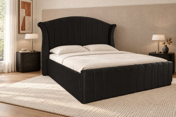 Pat tapițat din catifea Sorella Simple Line 140×200 cm, negru, cu ladă de depozitare
