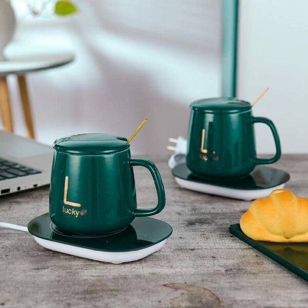 Oferta 1+1, Cana din ceramica si suport pentru mentinere calda, 350 ml