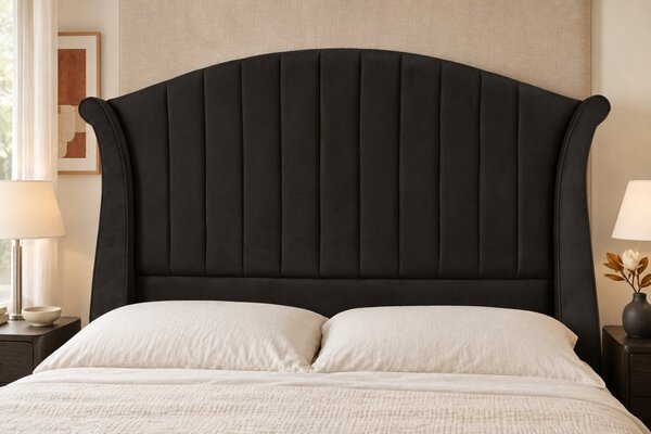 Pat tapițat din catifea Sorella Simple Line 140×200 cm, negru, cu ladă de depozitare