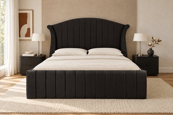 Pat tapițat din catifea Sorella Simple Line 140×200 cm, negru, cu ladă de depozitare
