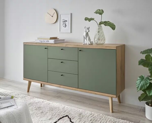 Comodă ~Dolomites~ in stil minimalist, culoare verde mentă-stejar, 160 cm lungime