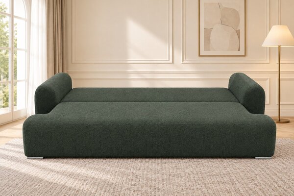 Canapea extensibilă Celeste din boucle, verde salvie, cu ladă de depozitare