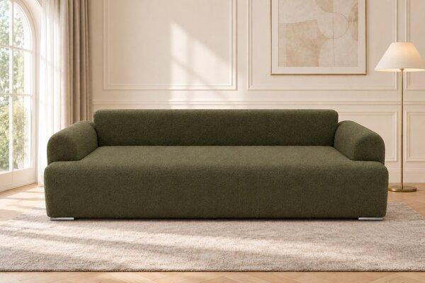 Canapea extensibilă Celeste din boucle, verde olive, cu ladă de depozitare