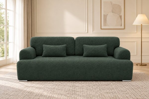 Canapea extensibilă Celeste din boucle, verde salvie, cu ladă de depozitare