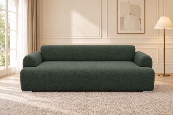 Canapea extensibilă Celeste din boucle, verde salvie, cu ladă de depozitare