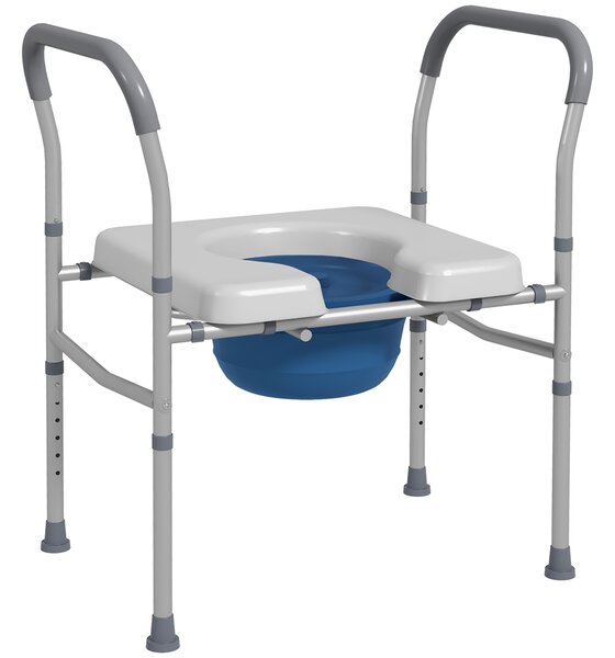 HOMCOM Scaun cu Vas de Toaletă pentru Vârstnici, Scaun de Toaletă Multifuncțional 4-În-1 cu Înălțime Reglabilă, 64x53x70-82 cm, Gri | Aosom Romania