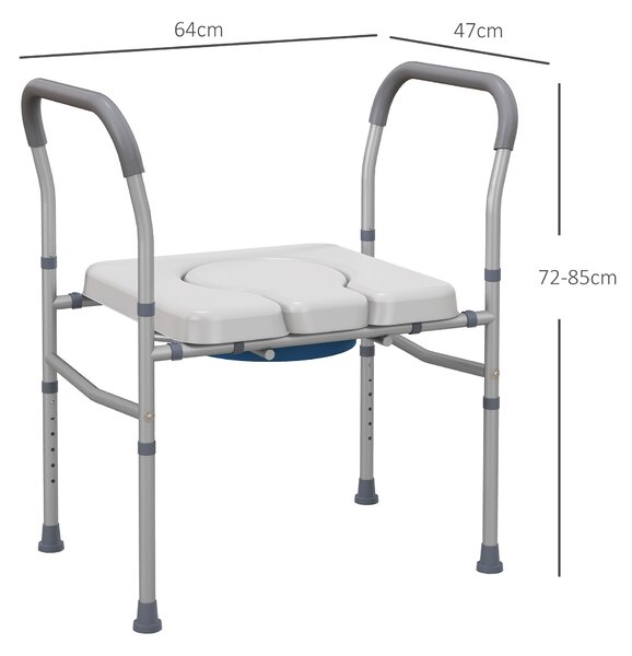 HOMCOM Scaun cu Vas de Toaletă pentru Vârstnici, Scaun de Toaletă Multifuncțional 4-În-1 cu Înălțime Reglabilă, 64x53x70-82 cm, Gri | Aosom Romania