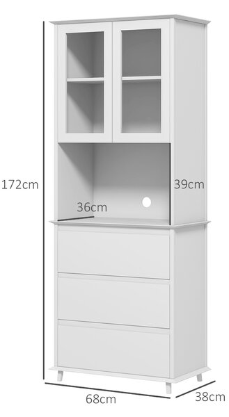 HOMCOM Bufet cu Cabină, Dulap de Bucătărie Independent cu Uși de Sticlă, 3 Sertare și Raft Reglabil, 68x38x172 cm, Alb | Aosom Romania