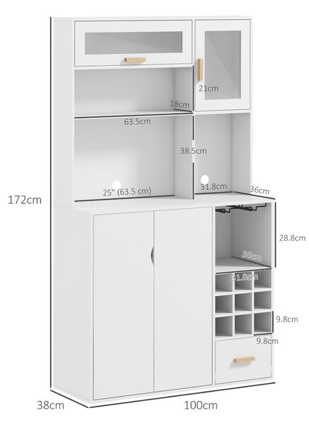 HOMCOM Dulap de Bucătărie cu Depozit de Vinuri, Bufet cu Cabină, Blat cu Microunde, Sertar, Poliță, Uși din Sticlă, 100x38x172 cm, Alb | Aosom Romania