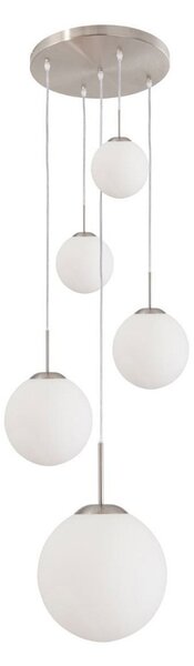 Steinhauer Lampă suspendată Bollique, oțel, alb opal, sticlă, 5 becuri rotunde, reglabil, Metalic, Camera de zi / sufragerie, Sticlă, glob