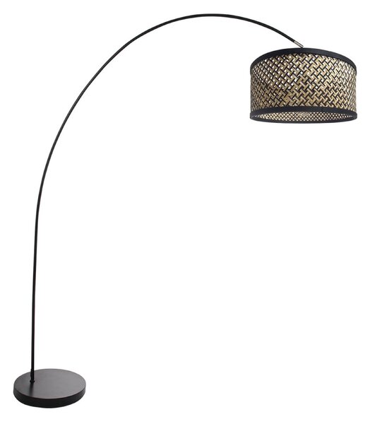 Mexlite Lampa cu arc Solva, negru, abajur împletit negru/lemn, Negru, Camera de zi / sufragerie, Metal