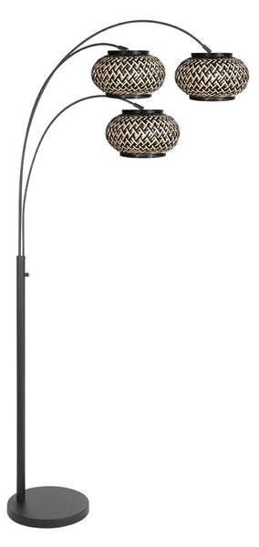 Steinhauer Lampadar Nox Light cu 3 becuri, negru, împletitură de bambus, E27, Negru, Camera de zi / sufragerie, Metal