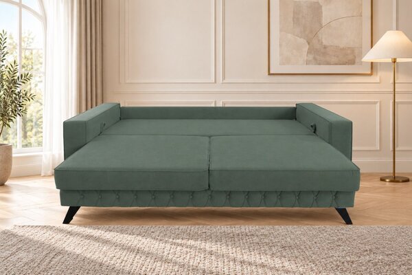 Canapea extensibilă Amara stofă, verde ou de rață, picioare negre, cu ladă de depozitare