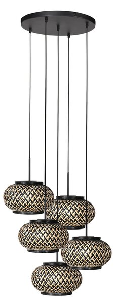 Steinhauer Lampă suspendată NoxLight, 5 becuri, rotundă, neagră, împletitură de bambus, reglabil, Negru, Camera de zi / sufragerie, Metal
