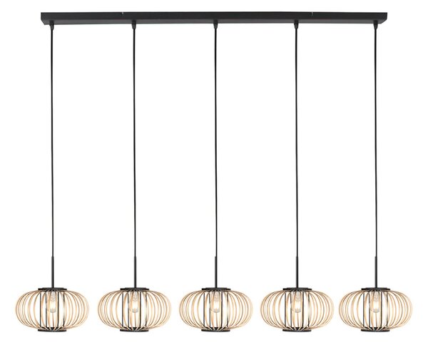 Anne Light Lampă suspendată Silva, 5 becuri, lungă, neagră, cu tije din bambus, reglabil, Lemn, Camera de zi / sufragerie, Metal