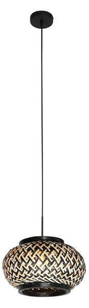 Steinhauer Lampă suspendată NoxLight, cu 1 bec, neagră, împletitură de bambus, reglabil, Negru, Camera de zi / sufragerie, Metal