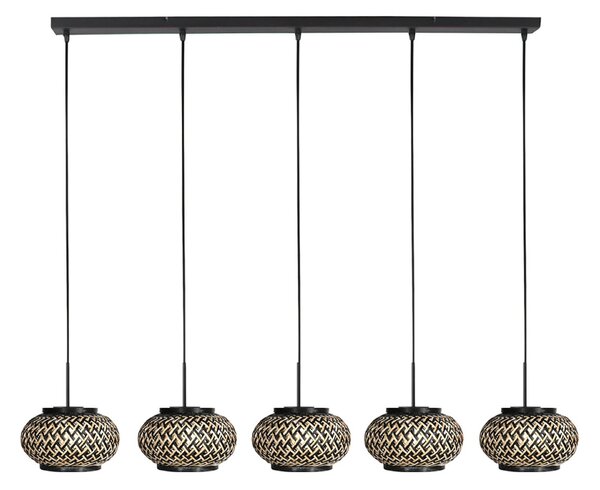 Steinhauer Lampă suspendată NoxLight, 5 becuri, lungă, neagră, împletitură de bambus, reglabil, Negru, Camera de zi / sufragerie, Metal