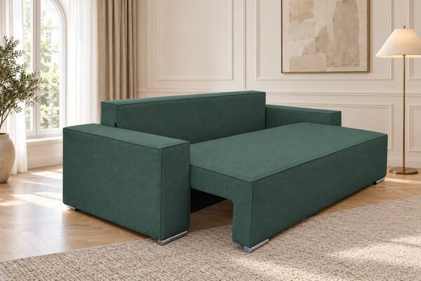 Canapea extensibilă Perla din boucle, verde marin, cu ladă de depozitare