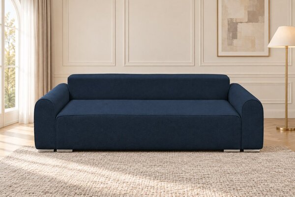Canapea extensibilă Fiorella din boucle, bleumarin, cu ladă de depozitare