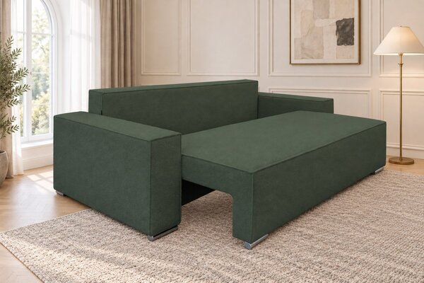 Canapea extensibilă Perla din boucle, verde, cu ladă de depozitare