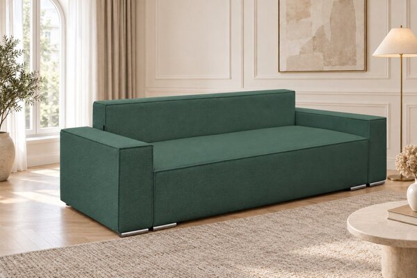 Canapea extensibilă Perla din boucle, verde marin, cu ladă de depozitare