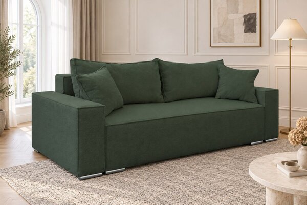 Canapea extensibilă Perla din boucle, verde, cu ladă de depozitare