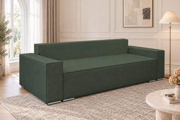 Canapea extensibilă Perla din boucle, verde, cu ladă de depozitare