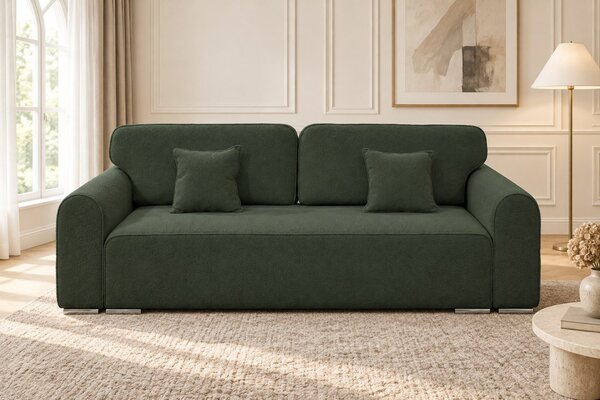Canapea extensibilă Fiorella din boucle, verde, cu ladă de depozitare