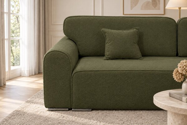 Canapea extensibilă Fiorella din boucle, verde olive, cu ladă de depozitare