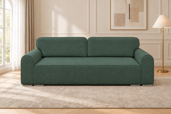 Canapea extensibilă Fiorella din boucle, verde salvie, cu ladă de depozitare